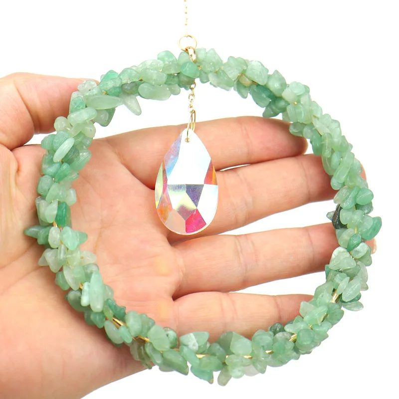 Handmade Copper Wire Wrap Natural Mineral Gravel Round Sun Catcher Crystal Pendant Ornament Window Garden Hanging Decoration