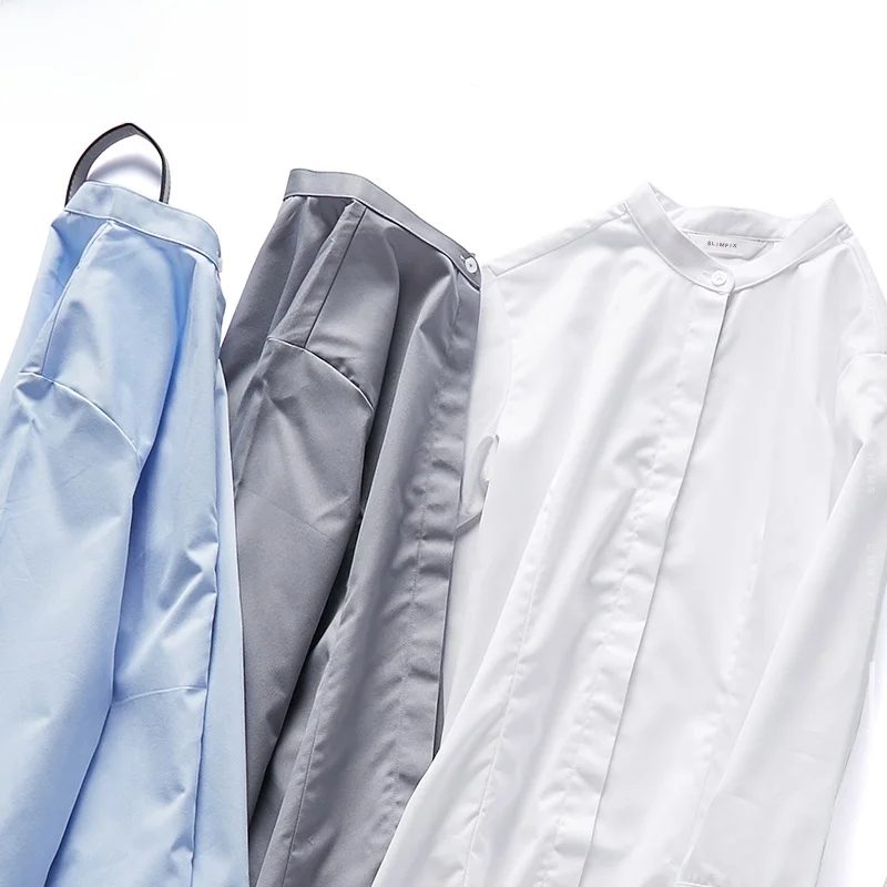 White Shirt Women's Long-Sleeved Work Clothes Professional Stand Collar Fleece-lined Cargo Gray 2024 Spring Design Sens...