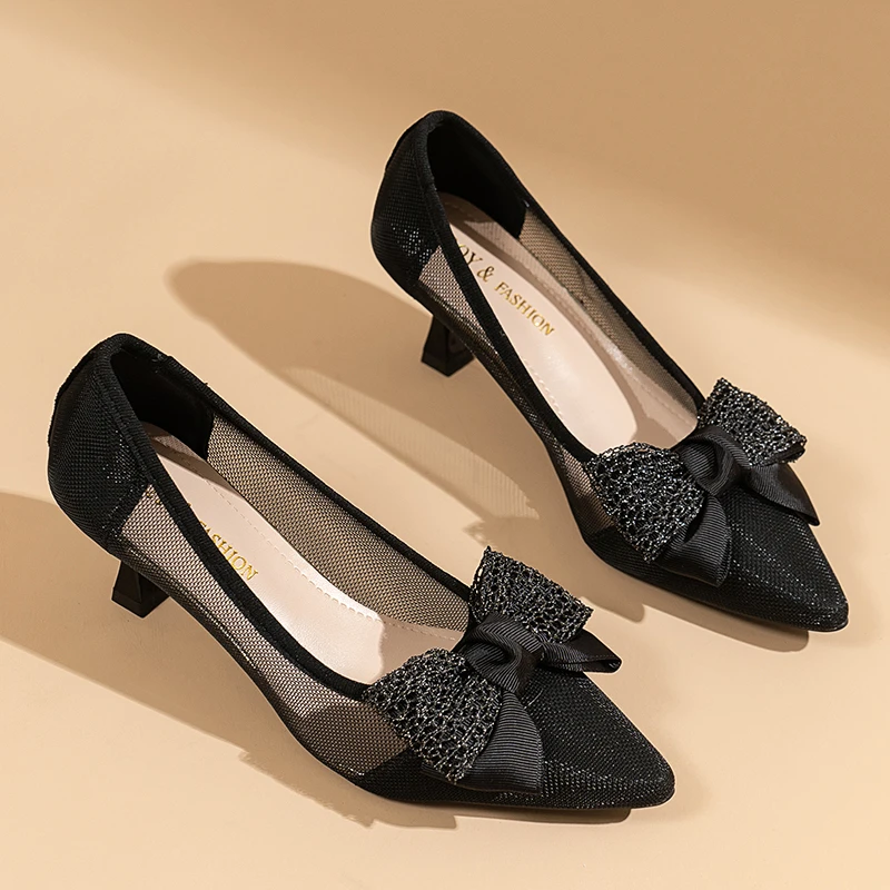 Туфли-лодочки женские на высоком каблуке заостренный носок бант лоферы