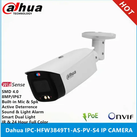 Dahua IPC-HFW3849T1-AS-PV-S4 8MP POE IP67 встроенный микрофон и Spk IR30M и полноцветная 30M активная сдерживание SMD 4,0 WizSense IP-камера