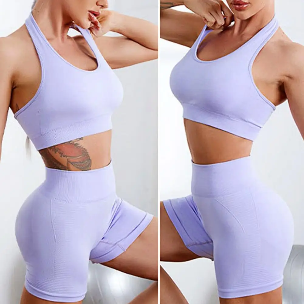 

Gym Shorts Sets Women Solid Color Sport Slim Crop Top Fitness Seamless High Elastic Leggings Sets Tracksuit Women ensemble femme