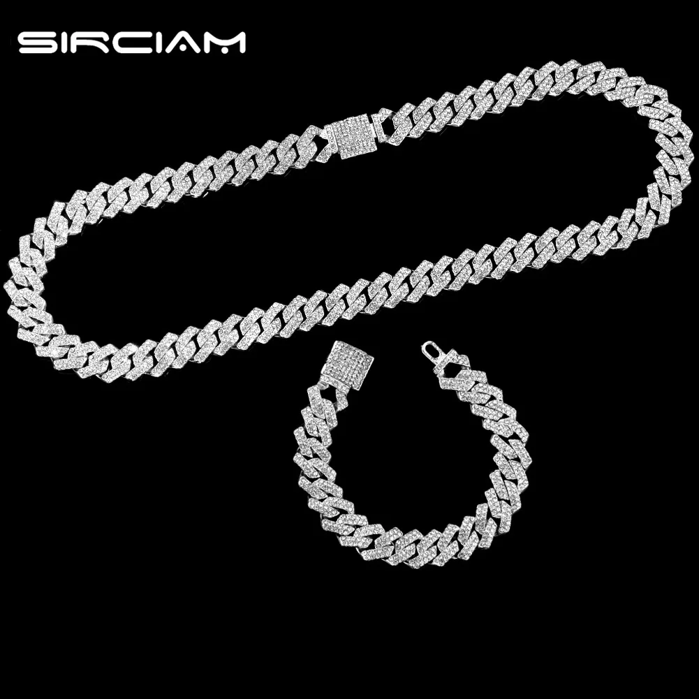 

Iced Out Micro Pave Cuban Link Chain Necklace Bracelet For Women Punk 14mm Prong Cuban Link Choker Necklace Set Hip Hop Jewelry