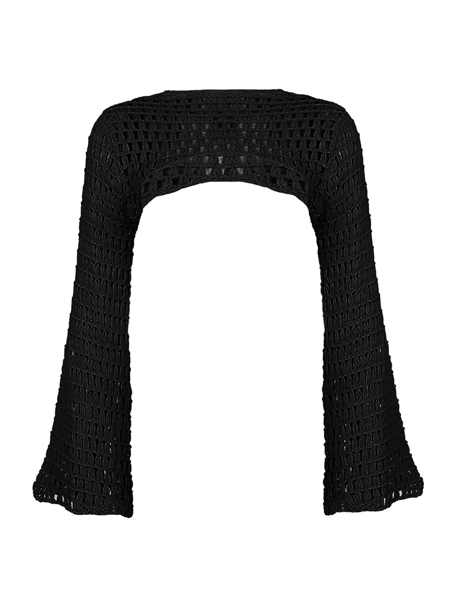 

Women Y2k Crochet Knit Hollow Out Crop Top Long Flared Sleeve Shrug Sweater Mesh Cover Ups Cardigan Streetwear