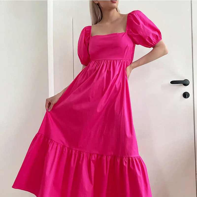 

Women Summer Fashion Corset Party Dress Casual Elegant Short Puff Sleeve Square Collar Court Style Ruffle Evening Dress