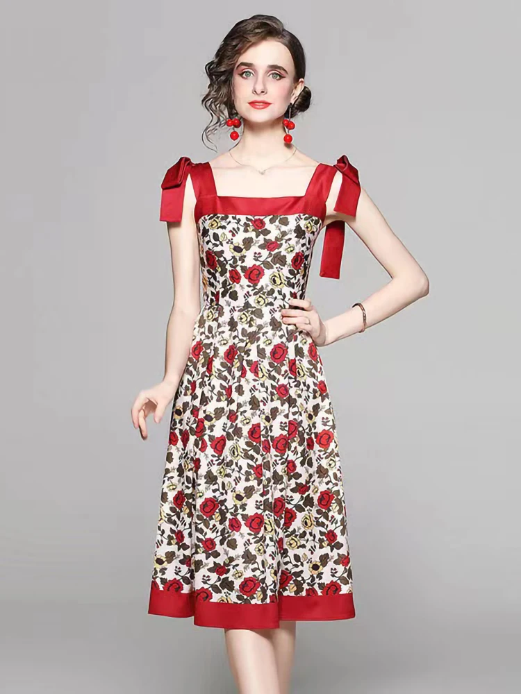 

High Quality Summer Sleeveless Vest Dress Women Small Fresh Print Suspender Fashion Trend Design Sense Niche Bow Tie Mid-skirt