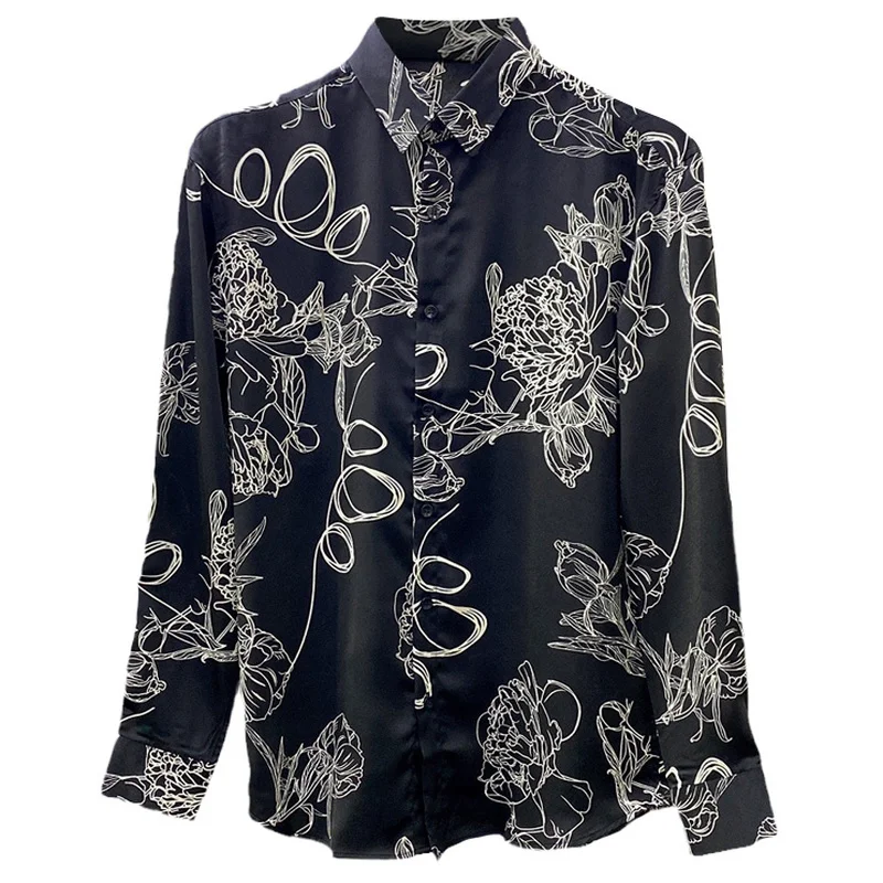 2022 Autumn Vintage Flower Print Shirts for Men Long Sleeve Loose Casual Shirt Shoulder Slip Business Social Party Tuxedo Blouse