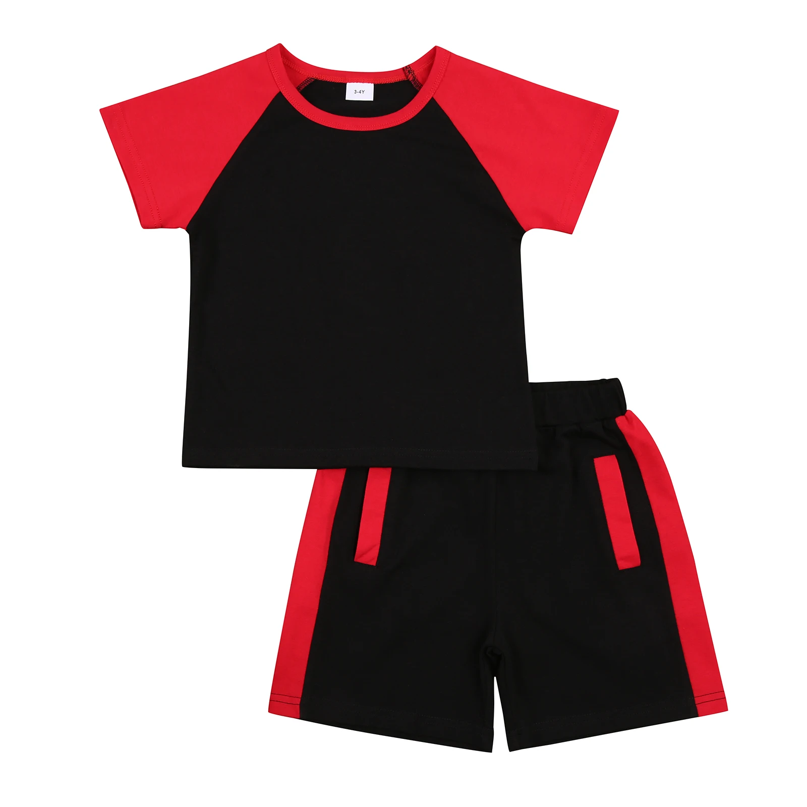 

2Pcs Summer Little Boys Outfit, Fashionable Toddlers Round Collar Double Color Splicing Raglan Short Sleeve Top + Casual Shorts