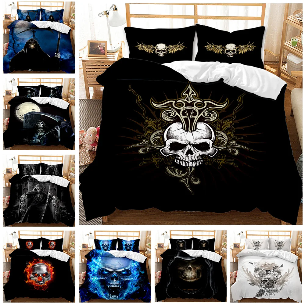 Skull Teen Comforter Cover King/Queen Size,Halloween Skeleton Floral Pattern Printed Duvet Cover,Horror Gothic Black Quilt Cover