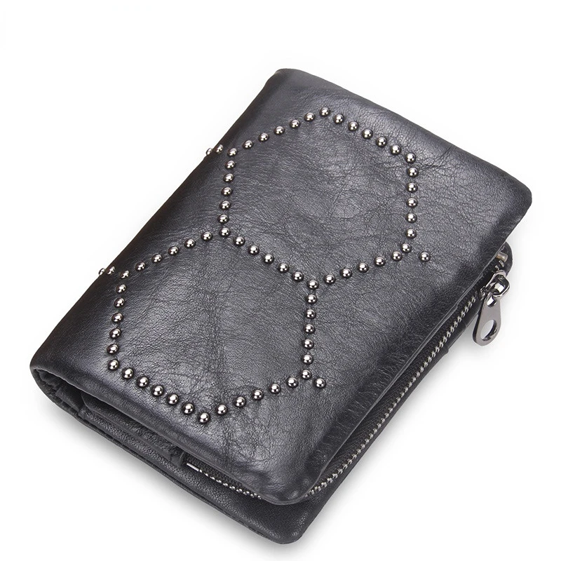 

Men's Wallet Casual Short 3 Fold Genuine Cow Leather Hasp Rivet Removable Coin Purse