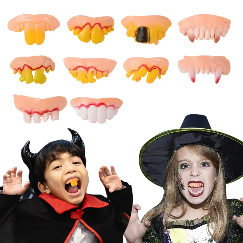 

10pc Interesting Prank Denture Teeth Funny Fake Vampire Rotten Zombie Incisors Denture Halloween Party Decoration Prop Toys Gift