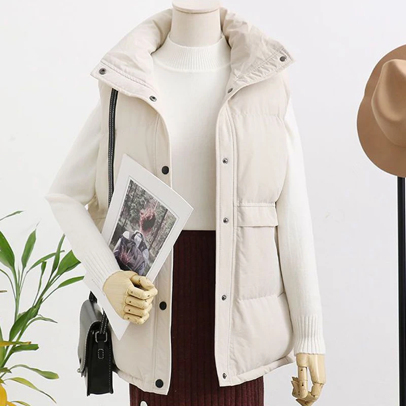 2022 Winter Women Stand Collar Warm Cotton Down Padded Outerwear Waistcoat Sleeveless Vests Solid Loose Parkas Jackets Clothing