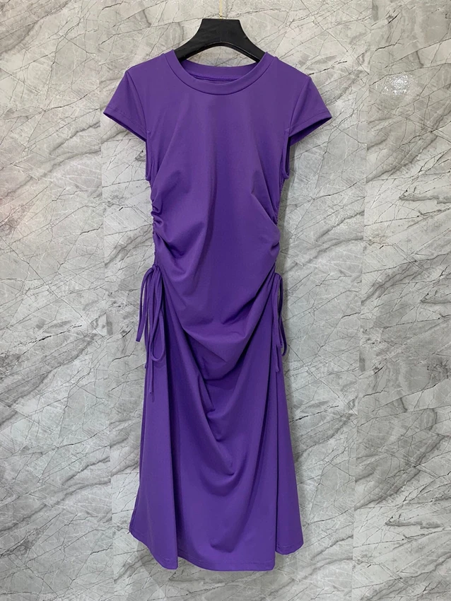 2023 new women fashion short sleeve crew neck solid color side drawstring pleated mid dress dress 0525