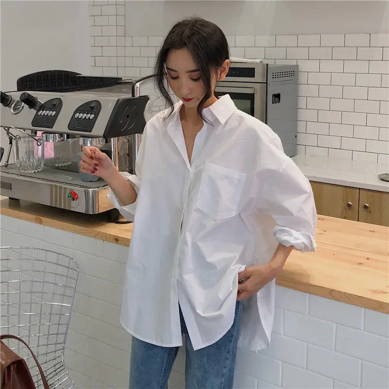 

2022 Spring Fall Women Shirts White Plain Loose Oversized Pockets Blouses Office Top Loose BF Korean Fashion Vintage Blusas TOP