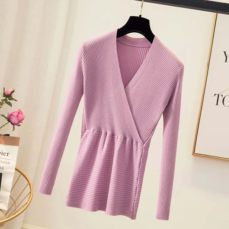 Winter Women Solid Knitted Sweater Pullovers Sexy V-Neck Apricot Black White Mujer Tops Ladies Long Sleeve Sweet Slim Jumper | Женская