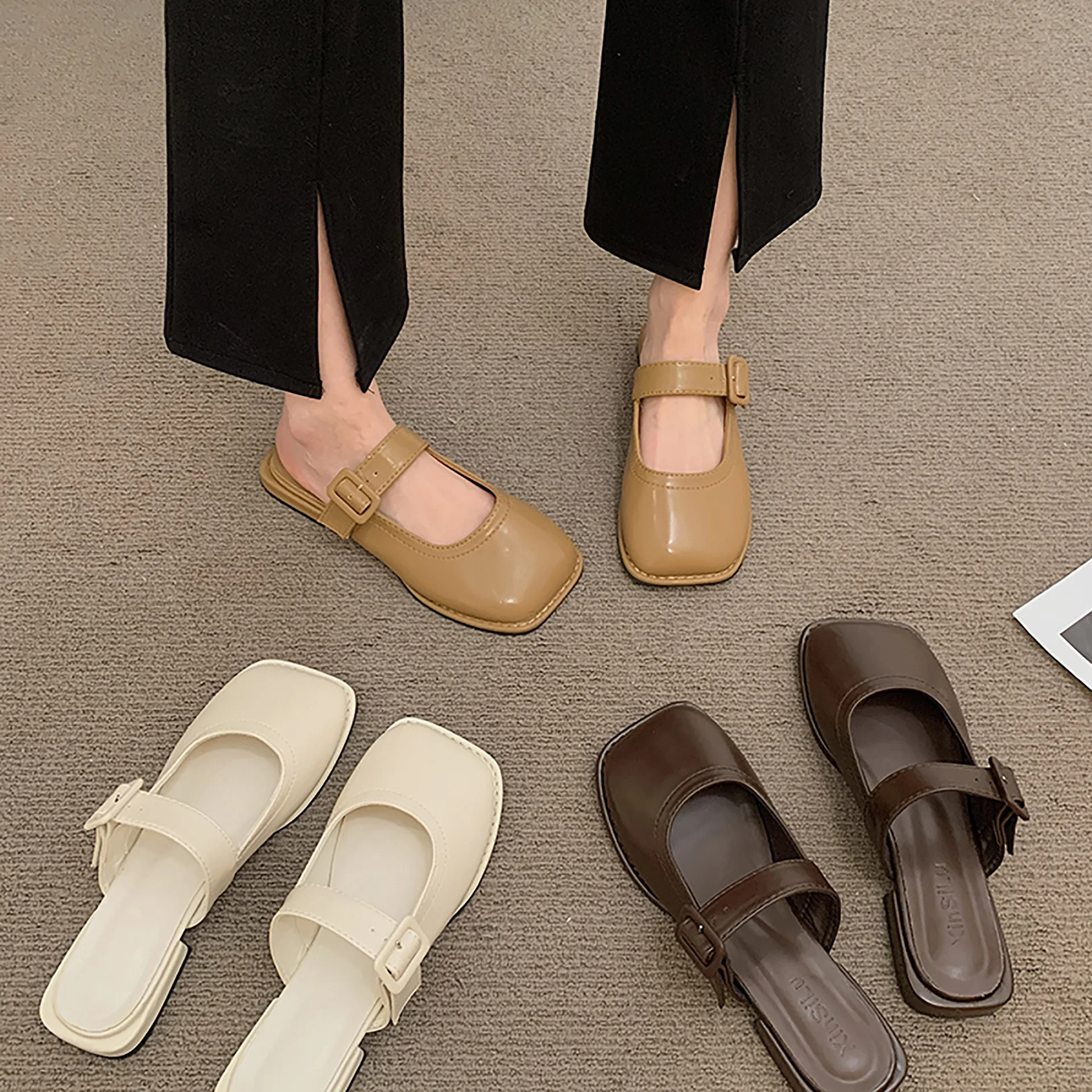 

Shoes Woman 2023 Slippers Casual Pantofle Low Cover Toe Luxury Flat New Rome Basic Hoof Heels Fashion Slides PU Rubber Fabric