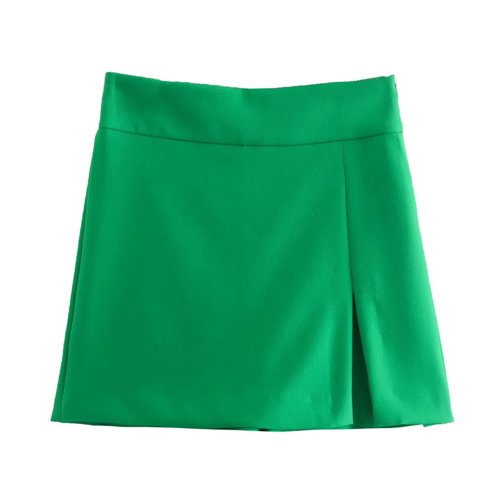 

Women's Fashion Front Green Slit Shorts Vintage Skirts High Waist Side Zipper Women Skort Mujer