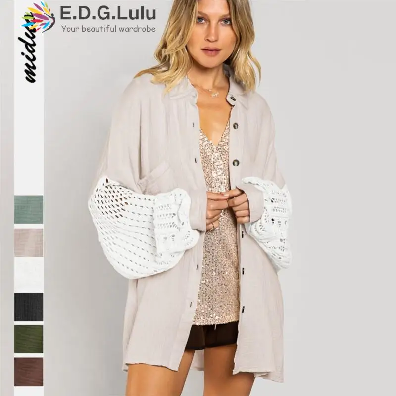 

EDGLuLu Fashion Turn-Down Collar Single Breasted Cardigan Blouse Leisure Loose Long Sleeved Patchwork Lace Top T-Shirt 0908
