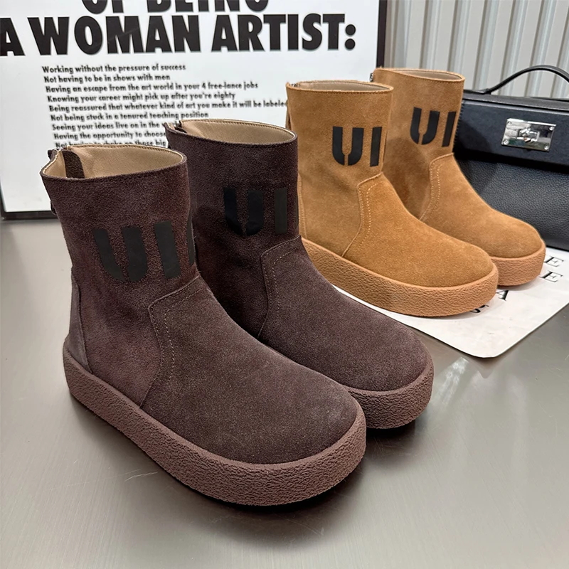 Замшевые женские ботильоны на плоской подошве и платформе зимняя повседневная