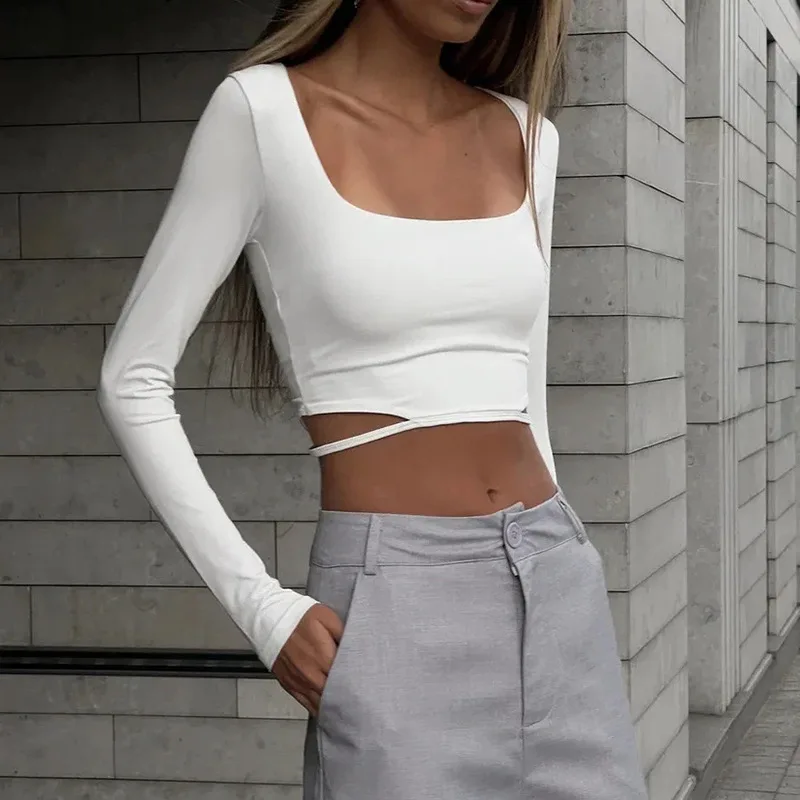 

Женская футболка с вырезом на талии, сексуальные топы, облегающий кроп-топ с длинным рукавом, Женские однотонные футболки для женщин, осенняя модная женская одежда