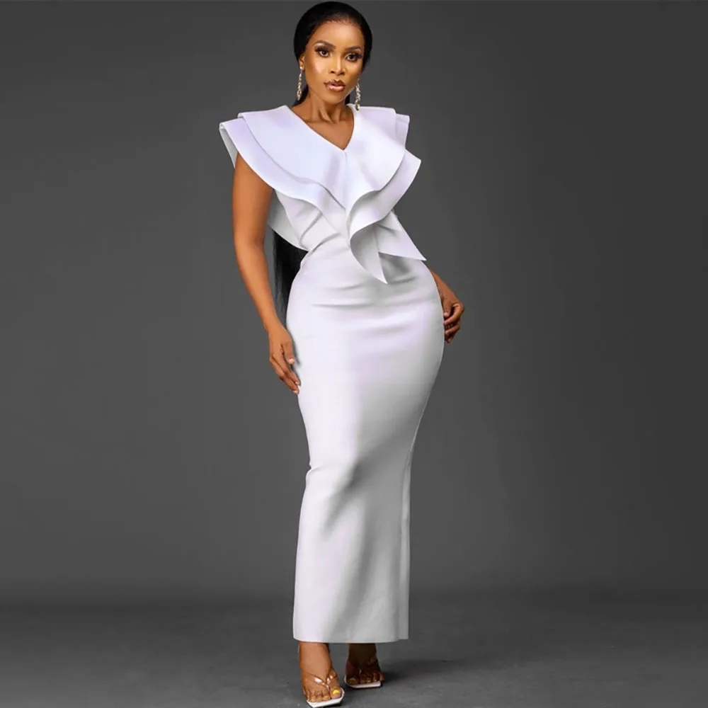 

Женское облегающее платье без рукавов, элегантное белое однотонное вечернее платье с V-образным вырезом и высокой талией для выпусквечерни...