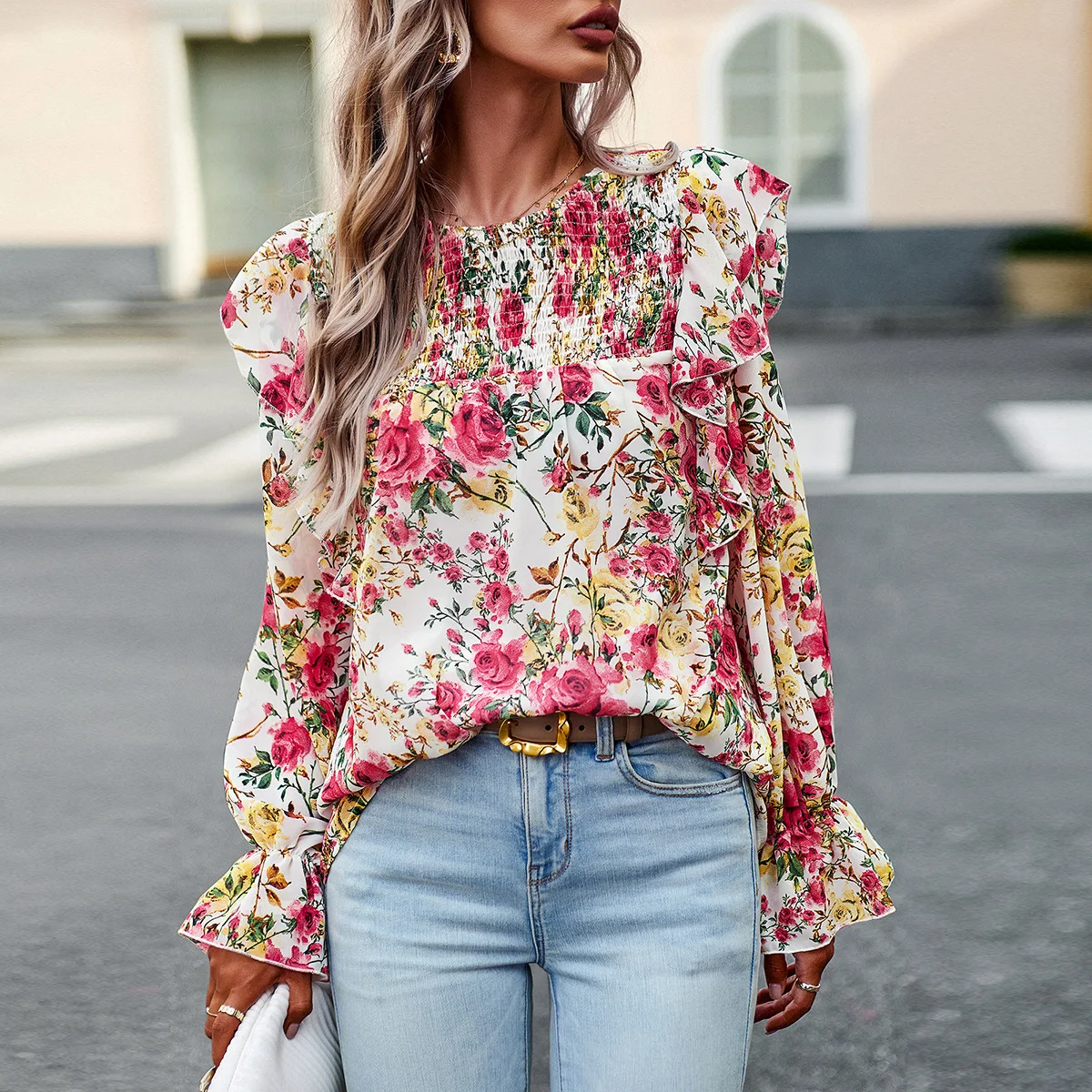 

Women Autumn Winter Fashion O-neck Plant Print Long Sleeved Patchwork Commuting Versatile Casual Shirt Tees Tops