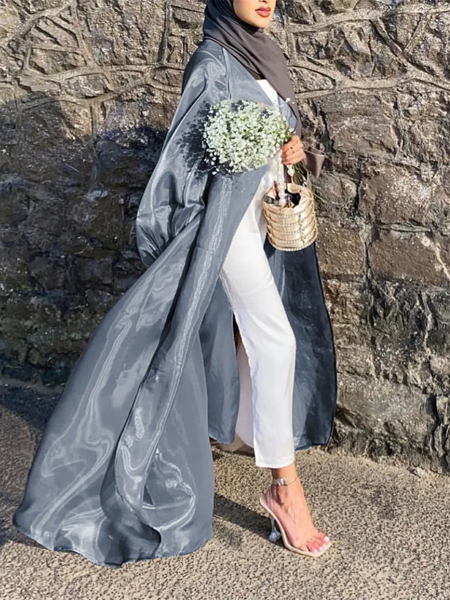 Summer Eid Djellaba Abaya Dubai Shiny Soft Puff Sleeves Muslim Dress Silky Abaya Dubai Turkey Muslim Dress Islam Abayas WY800