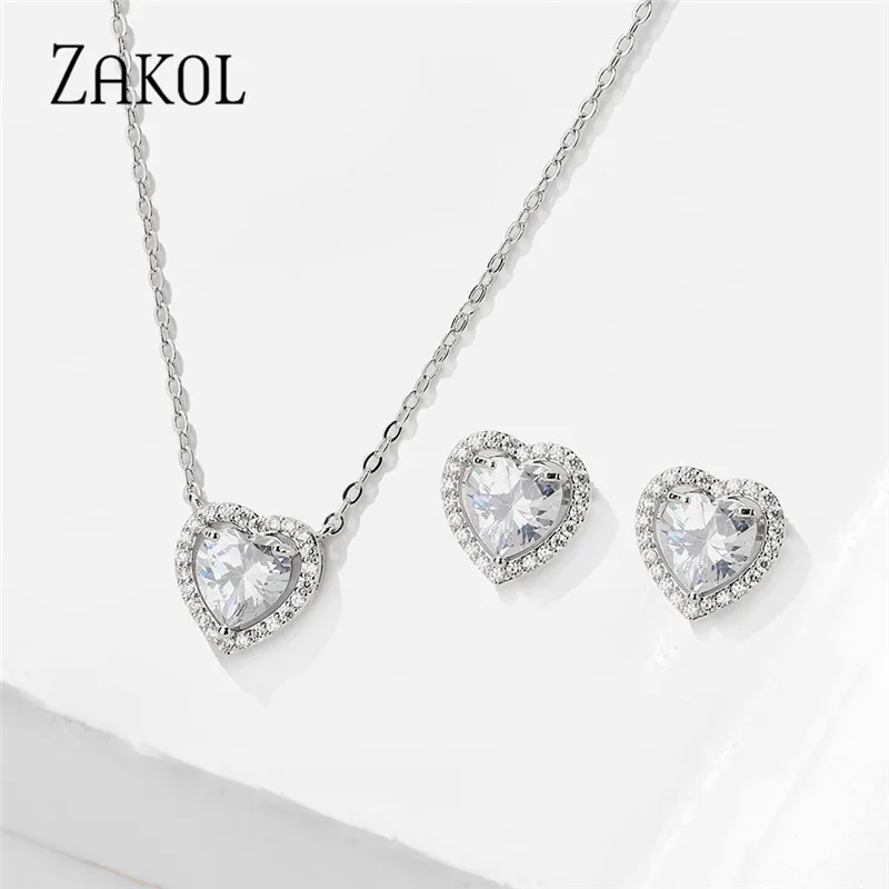 

ZAKOL Fashion Romantic Bridal Wedding Heart Necklace & Earring Jewelry Set AAA Cubic Zirconia Accessories for Women Gifts SP3348
