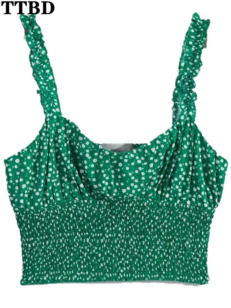

TTBD tank top Women 2022 fashion floral print smocked cropped tank tops traf sexy backless fungus straps female camis mujer
