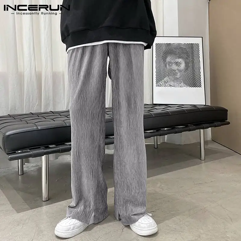 

Fashion Casual Style Long Pant Men's Solid All-match Texture Folds Pantalons INCERUN Stylish Male Slit Flare Trousers S-5XL 2022