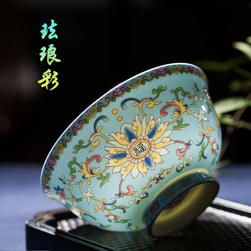 

Enamel Small Bowl Bone China High Foot Anti-Scald Rice Bowl Household Single Chinese Court Bowl Jingdezhen Ceramic Tableware