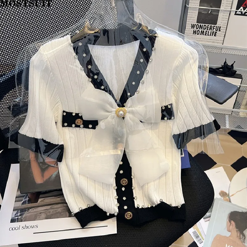 

Женский вязаный кардиган со стразами, короткий свитер с коротким рукавом и V-образным вырезом, элегантный Шикарный джемпер из вискозы, лето