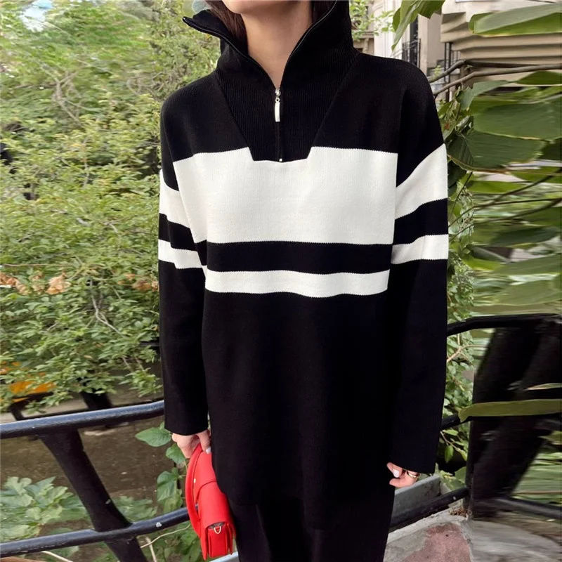 Полосатые вязаные свитера на молнии с длинным рукавом повседневный свободный