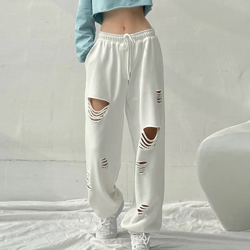 

Women Pants Casual Hole Elastic Waist Loose Sweatpants Female Trousers