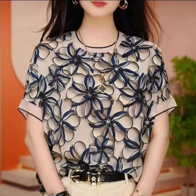 Женская шифоновая рубашка с коротким рукавом и круглым вырезом