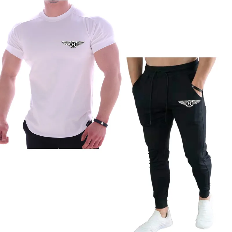 

New Men's Running Sets Fashion Casual Streetwear Gym Jogging Fitness Sportswear Quick-drying T-shirt+Pant 2 piece Sets for Men