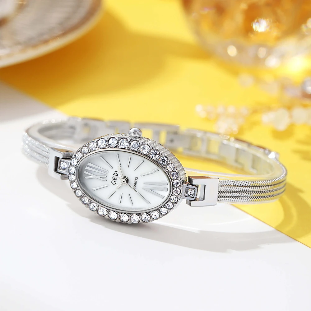 GEDI Luxury Oval Full Diamond Ladies Watches Waterproof Fashion Rose Gold Stainless Steel Bracelet Watch for Women Quartz Clock