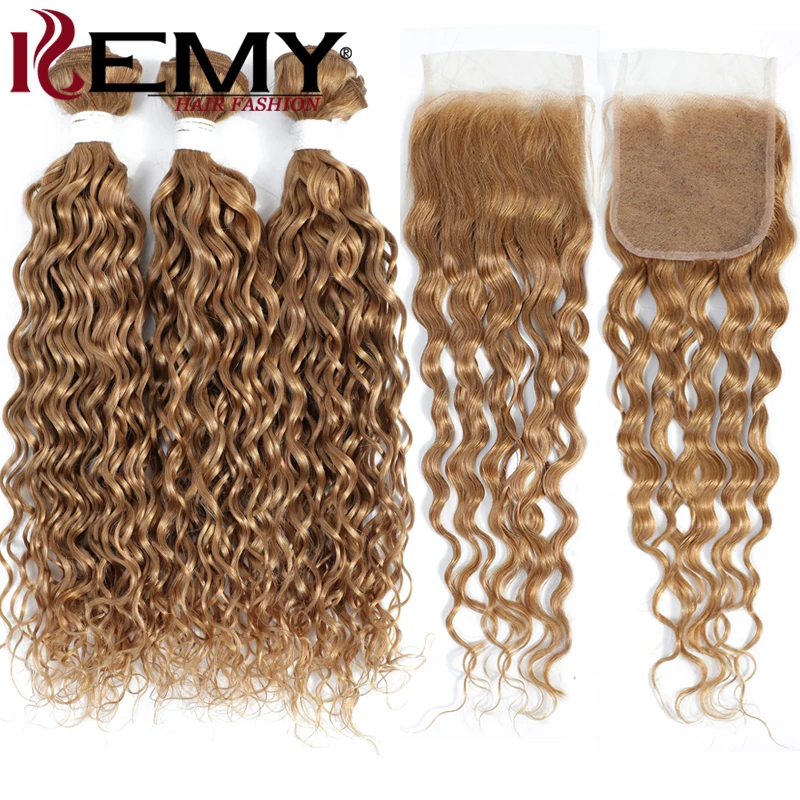 

Water Wave Human Hair Bundles With Closure Honey Blonde Brown Hair Weave Bundles With Closure Brazilian Remy Hair 3 Bundles