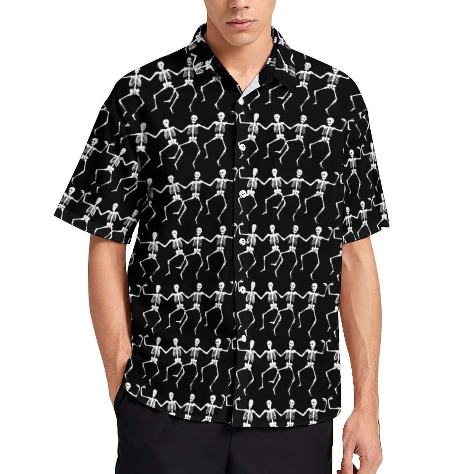 

Spooky Halloween Print Loose Shirt Men Beach Dancing Skeletons Casual Shirts Hawaiian Graphic Short-Sleeve Y2K Oversized Blouses