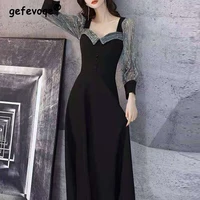 black vintage evening party elegant ladies long dresses spring autumn temperament slim fit long sleeve tunic maxi dress vestidos