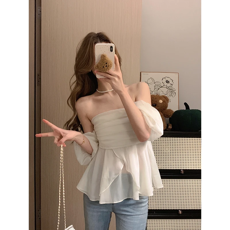 Футболка женская с открытыми плечами пикантный однотонный топ без рукавов