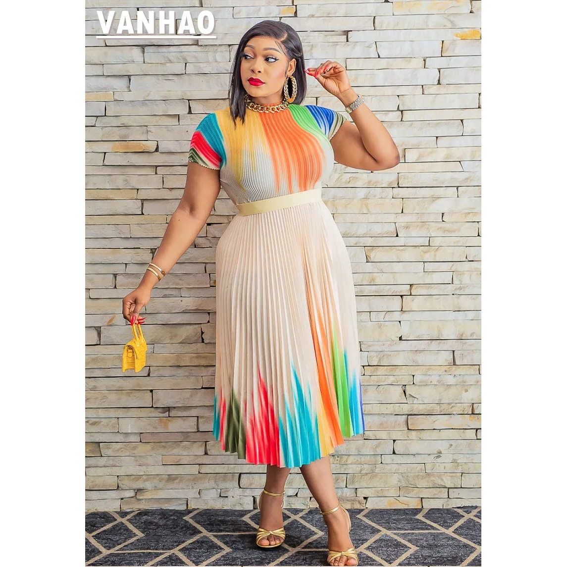 

VANHAO Summer Dresses for Women 2023 Short Sleeve Loose Fashion Pleated Colorful Long Dress Crew Neck Wholesale Dropshipping