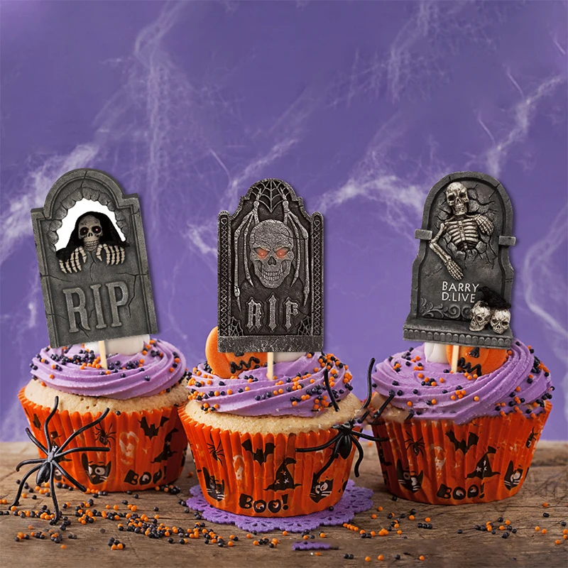 

Creative Tombstone Cupcake Toppers Skul Horror Ghost Festival Cake Dec Trick Or Treat Happy Helloween Party Decor Rip Skul Party
