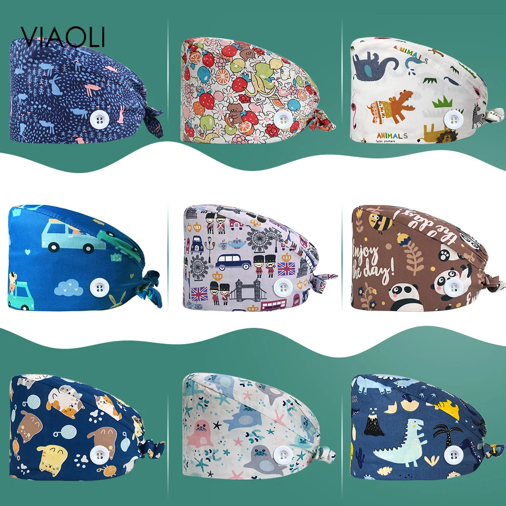 

Colorful Print Scrub Caps Cotton Nurse Hats Adjustable Dental Hospital Medical Cap Pattern Unisex Beauty Dust Proof Nursing Hats