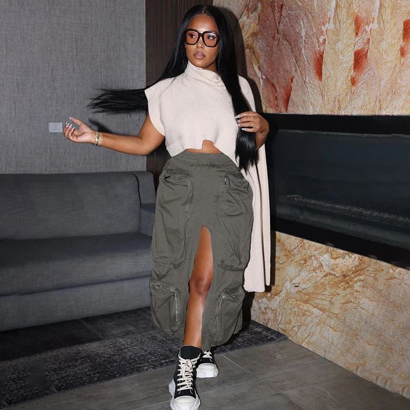 

Autumn and Winter 2022 New Women's Fashion Street Workwear Style Large Pocket Elastic Waist Split Skirt