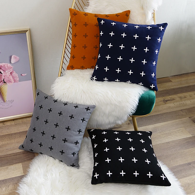 

Solid Cushion Cover Grey Black Orange Navy Blue 45x45cm Woolen Pillow Cover Cute Cross For Couch Sofa Chair Bed Home decoration