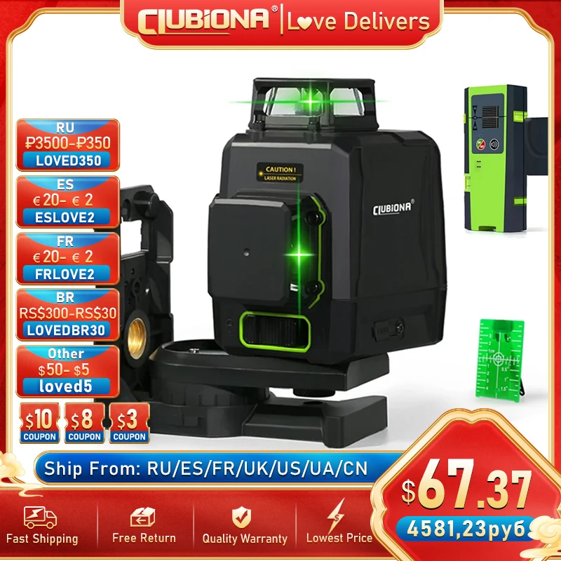 

CLUBIONA MD08G German Laser Diode 3D Green Laser Level Self-Leveling w/ 2 x 360 Separate Working 8 Lines 5200mah Lithium Battery