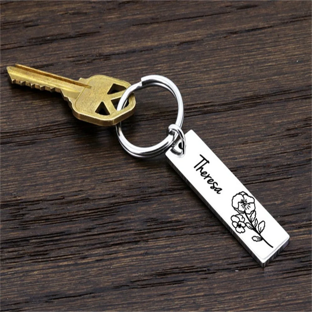 Custom Keychain Mom's Gift Mother's Day Gift Birth Flower Keychain Personalized Stainless Steel Keychain Custom Name Wholesale