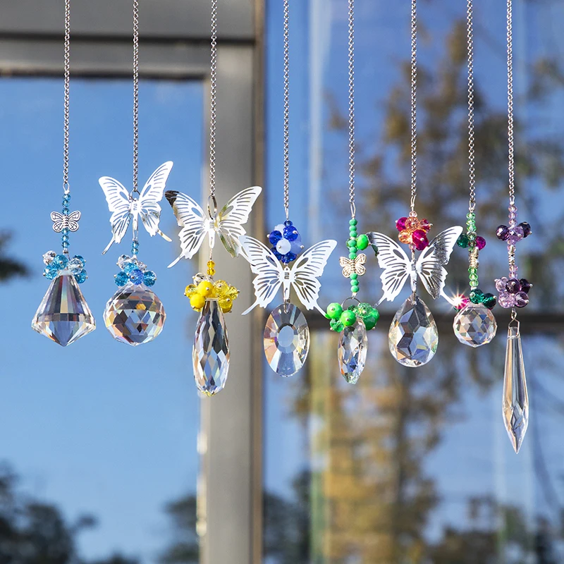 

H&D 8pcs Crystal Prisms Suncatchers With Butterfly Rainbow Maker Chandelier Pendant Window Garden Hanging Sunlight Catcher