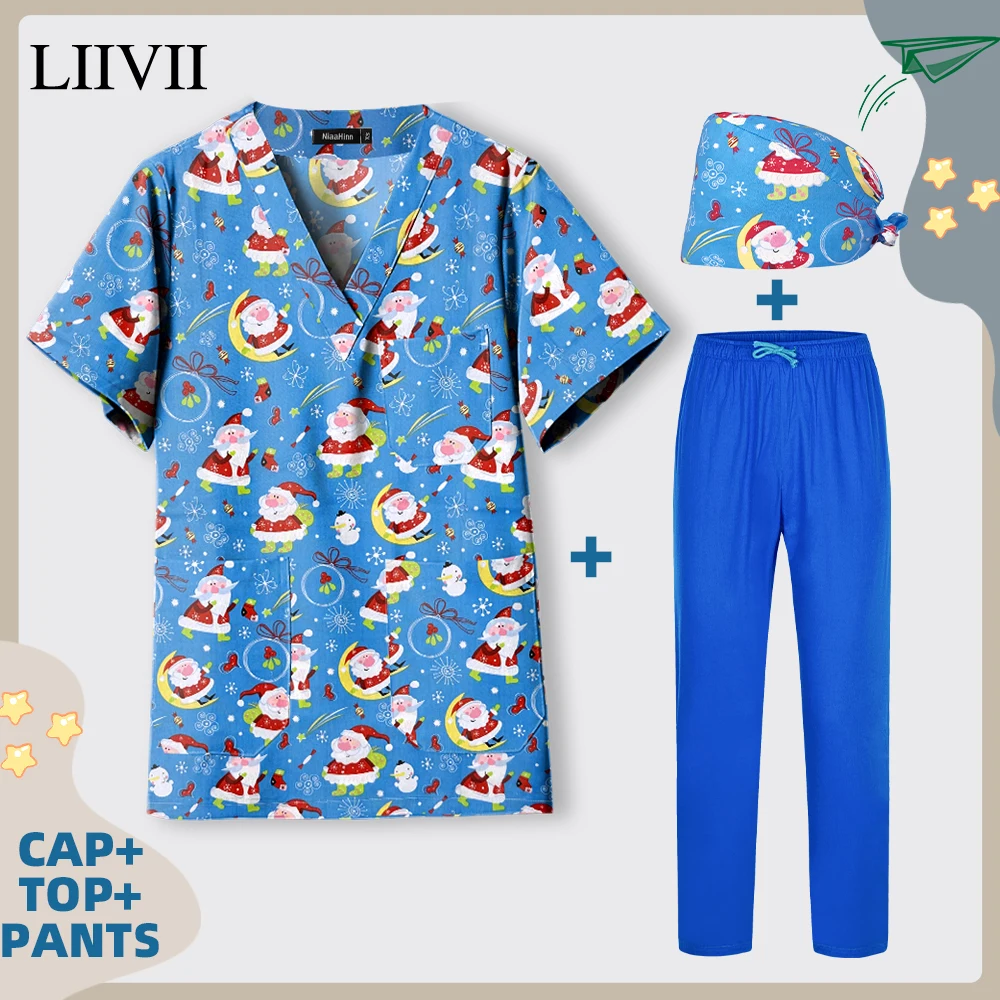 

Униформа скрабы для мужчин и женщин, рабочая одежда для салона красоты, одежда для врачей, медсестер, скрабы, топы, брюки, лабораторная блузка для спа с V-образным вырезом, рождественские комбинированные рубашки