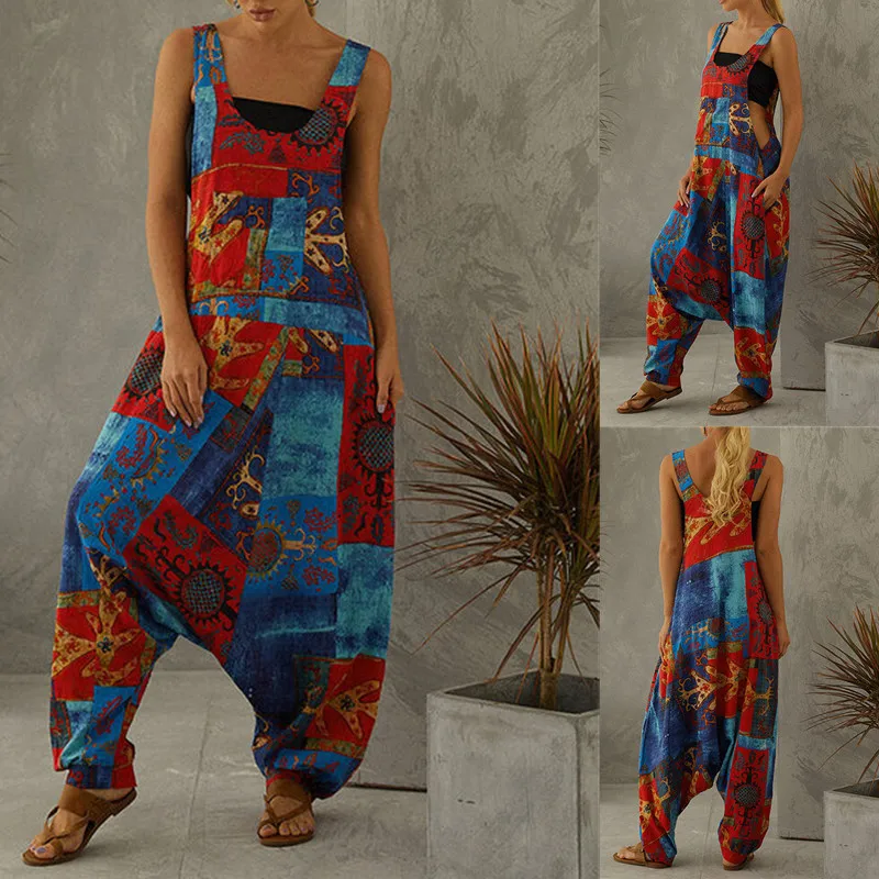 

European and American Retro Print Loose Plus Size Jumpsuits Baggy Strap Sexy African Print Women Fashion Club Party Clothing